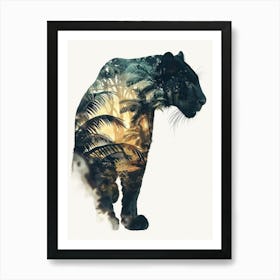 Double Exposure Realistic Black Panther With Jungle 12 Art Print