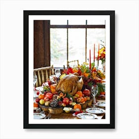 Thanksgiving Feast In A Cozy Rustic Kitchen Centerpiece With A Vintage Dress Patterned Tablecloth Art Print