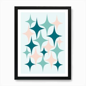 Mid Century Modern Atomic Starburst Teal, Peach Art Print