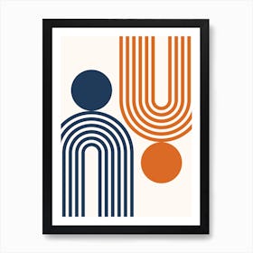 Mid Century Modern Geometric in classy navy blue burnt orange (Rainbow and Sun Abstract Design) 5 Art Print