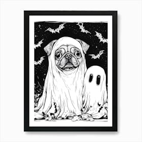 Halloween Pug with Ghost and Bats Art Print