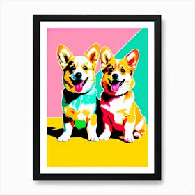 'Corgi Pups', This Contemporary art brings POP Art and Flat Vector Art Together, Colorful Art, Animal Art, Home Decor, Kids Room Decor, Puppy Bank - 68th Art Print