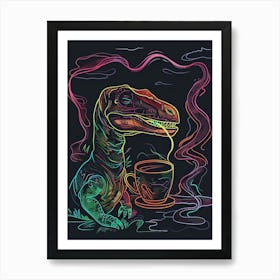 Neon Dinosaur Drinking Coffee Line Illustration Art Print