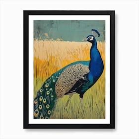 Blue Mustard Peacock In The Grass Linocut Inspired 2 Art Print
