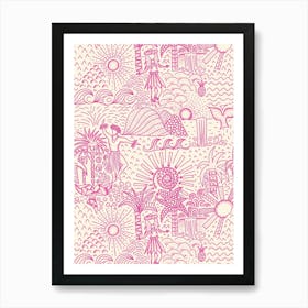 Hawaiian Toile Polynesian Hula Dance Tropical Landscape Hot Pink Cream White Art Print