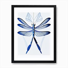 Dragonfly Symbol Blue And White Line Drawing Art Print