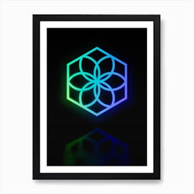 Neon Blue and Green Abstract Geometric Glyph on Black n.0110 Art Print