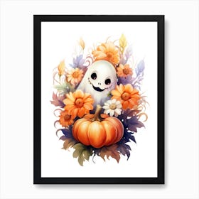 Cute Ghost With Pumpkins Halloween Watercolour 66 Art Print
