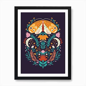 Colorful Moth With Florals On Deep Purple Art Print