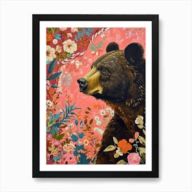 Floral Animal Painting Brown Bear 2 Art Print