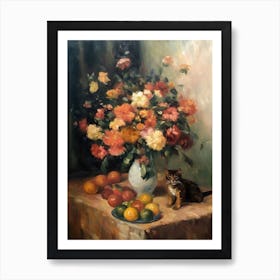 Flower Vase Chrysanthemums With A Cat 4 Impressionism, Cezanne Style Art Print