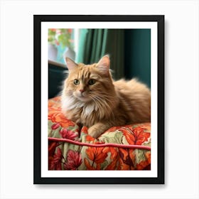 Realistic Photography Of Cat Resting On Floral Ottoman 3 Art Print