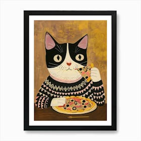 Happy Black And White Cat Pizza Lover Folk Illustration 2 Art Print