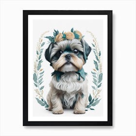 Cute Floral Shih Tzu Dog Painting (7) Art Print