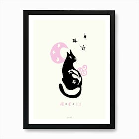 Magic Black Cat With Moon And Stars Pink Art Print