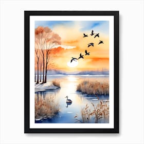 Ducks Flying Over The Lake Art Print