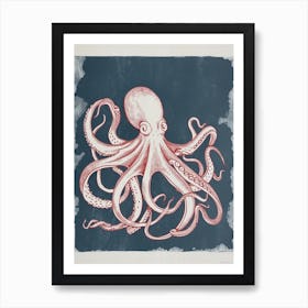 Red Octopus In The Ocean Linocut Inspired  2 Art Print