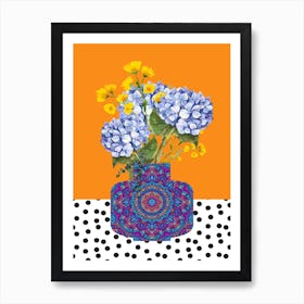 Blue Hydrangeas in Patterned Vase Art Print