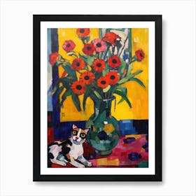 Daisies With A Cat 1 Fauvist Style Painting Art Print