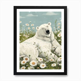 Polar Bear Resting In A Field Of Daisies Storybook Illustration 3 Art Print