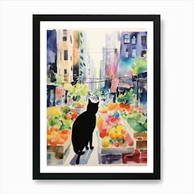 Food Market With Cats In New York 3 Watercolour Art Print