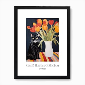 Cats & Flowers Collection Daffodil Flower Vase And A Cat, A Painting In The Style Of Matisse 7 Art Print