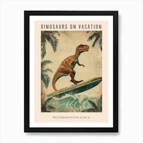 Vintage Heterodontosaurus Dinosaur On A Surf Board 2 Poster Art Print