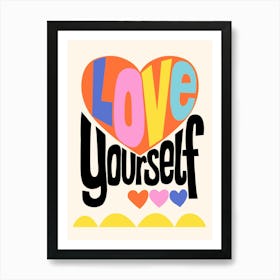 Love Yourself Colorful Folk Art Hearts Illustration Art Print