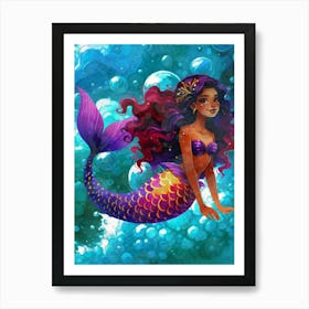 Mermaid, latina, Melanin, cute, curly, underwater, bubbles, blue, ocean, sea, kids Art Print