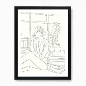 Girl Reading A Book Hand Drawing Line Art Art Print