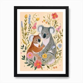 Folksy Floral Animal Drawing Koala 3 Art Print