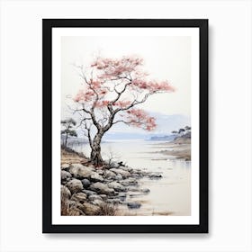 Lake Biwa In Shiga, Japanese Brush Painting, Ukiyo E, Minimal 2 Art Print