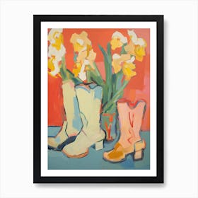 Painting Of Yellow Flowers And Cowboy Boots, Oil Style 8 Art Print