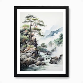 Sounkyo Gorge In Hokkaido, Japanese Brush Painting, Ukiyo E, Minimal 4 Art Print