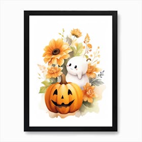 Cute Ghost With Pumpkins Halloween Watercolour 155 Art Print
