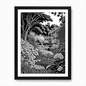 Claude Monet’S Garden, France Linocut Black And White Vintage Art Print