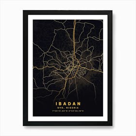 Ibadan Oyo Nigeria Black And Gold Map Art Print