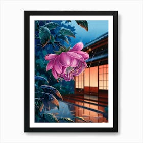 Anime Canvas Art: Vibrant Pink Flower with Raindrops in a Rainy Night Setting, Warm Lantern Glow, and Lush Leaves, Perfect for Lofi Aesthetic and Tranquil Ambience. 1 Art Print