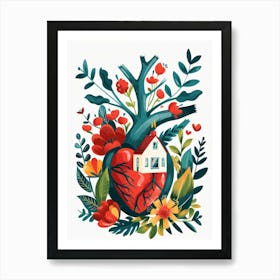 Heart With House And Flowers Art Print