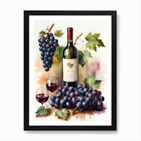 Vines,Black Grapes And Wine Bottles Painting (8) Art Print