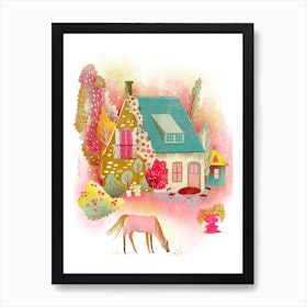 French Country Garden House With Horse Art Print