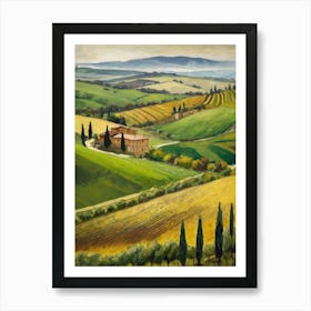 A Picturesque Tuscan Landscape With Rolling Hills And Vineyards Art Print