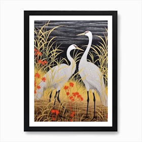 Cranes In Silver Grass Vintage Japanese Botanical Art Print
