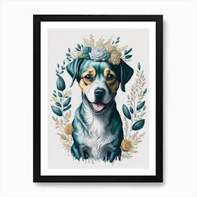 Cute Floral Happy Dog Painting (9) Art Print