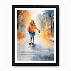 Girl Skateboarding In Oslo, Norway Watercolour 1 Art Print