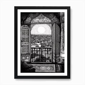 A Window View Of Marrakech In The Style Of Black And White  Line Art 4 Art Print