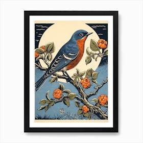 Vintage Bird Linocut Eastern Bluebird 4 Art Print