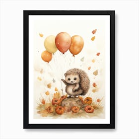 Hedgehog Flying With Autumn Fall Pumpkins And Balloons Watercolour Nursery 2 Art Print