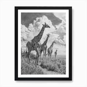 Giraffe Walking Down The Path Pencil Drawing 3 Art Print