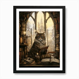 Illustration Of Cat In Medieval Library Art Print